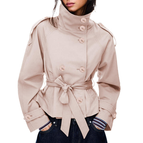 Cropped trench jacket for fall and winter, perfect for daily wear, commuting, and weekend trips, S (Light Beige) In Australia - Darrahopens