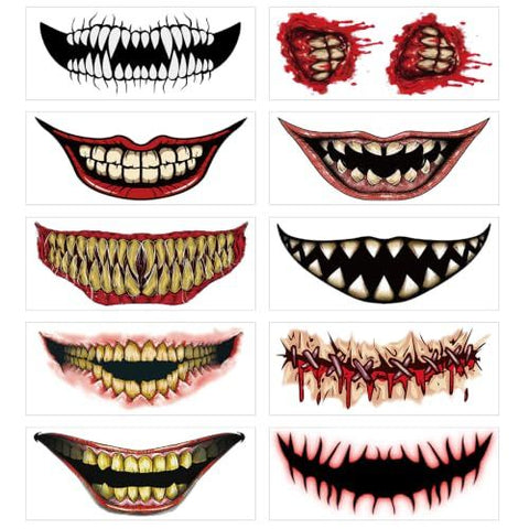 10 Horror Mouth Temporary Tattoos for Halloween Costumes, Cosplay, Spooky Makeup (Red)