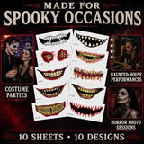 10 Horror Mouth Temporary Tattoos for Halloween Costumes, Cosplay, Spooky Makeup (Red)