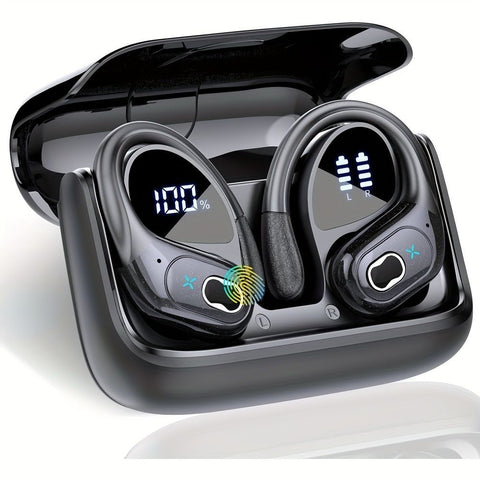 Sports Wireless Earbuds Running Ear-Hooks Pure Bass Earphones Dual LED Display - Black - Size 01 In Australia - Darrahopens