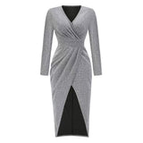 Long Sleeve Dress V-Neck Dress Wrap Maxi Dress Women'S Maxi Dress Evening Dress - Gold - Size L