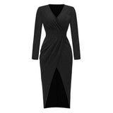 Long Sleeve Dress V-Neck Dress Wrap Maxi Dress Women'S Maxi Dress Evening Dress - Gold - Size S