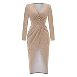 Long Sleeve Dress V-Neck Dress Wrap Maxi Dress Women'S Maxi Dress Evening Dress - Silver - Size M