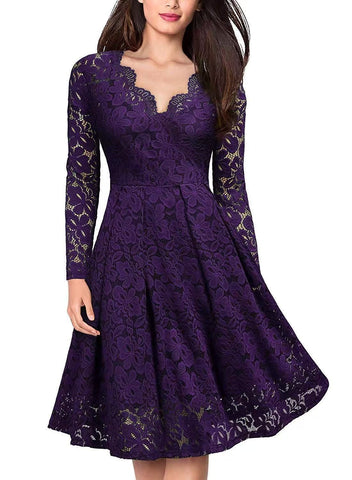 Long Sleeve Lace Dress V-Neck Dress Flared Dress Women'S Formal Dress Elegant - Black - Size M