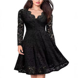 Long Sleeve Lace Dress V-Neck Dress Flared Dress Women'S Formal Dress Elegant - Black - Size S