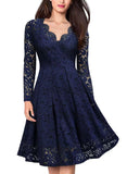Long Sleeve Lace Dress V-Neck Dress Flared Dress Women'S Formal Dress Elegant - Dark blue - Size M In Australia - Darrahopens