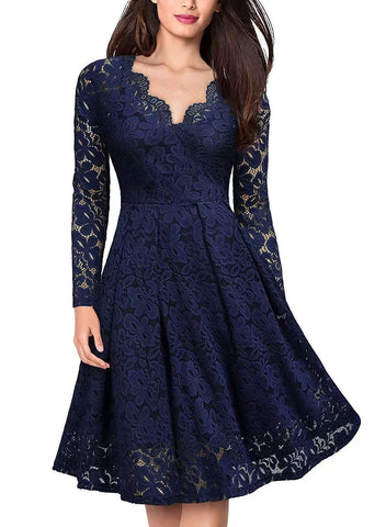 Long Sleeve Lace Dress V-Neck Dress Flared Dress Women'S Formal Dress Elegant - Dark blue - Size S In Australia - Darrahopens