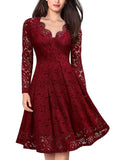 Long Sleeve Lace Dress V-Neck Dress Flared Dress Women'S Formal Dress Elegant - Green - Size S