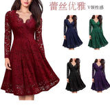 Long Sleeve Lace Dress V-Neck Dress Flared Dress Women'S Formal Dress Elegant - Red - Size S