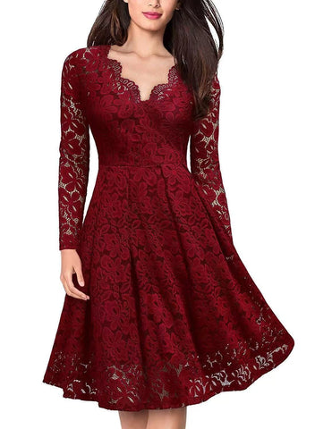 Long Sleeve Lace Dress V-Neck Dress Flared Dress Women'S Formal Dress Elegant - Red - Size XXXL In Australia - Darrahopens
