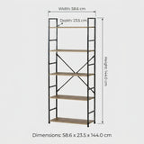 CARLA HOME 5 Tier Bookshelf - Industrial Display Shelf - Brown - Rustic - Steel - Living Room Office
