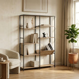 CARLA HOME 7 Shelf Bookcase - Wood Metal Display Shelf - Brown - Rustic - Steel - Living Room Office