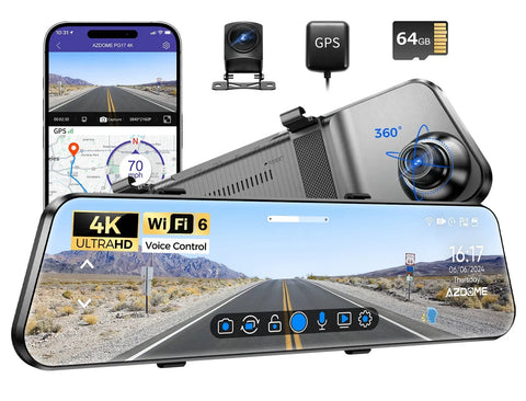12" Black Dual 4K+1080P Rear View Mirror Dash Cam with WiFi 6, GPS, Night Vision, 64GB