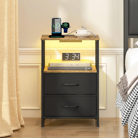 Black and Brown Nightstand with LED Light, Charging Station, and Storage - 60x40cm In Australia - Darrahopens