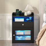Black Bedside Table with Acrylic Door, Charging Station and RGB LED Light In Australia - Darrahopens