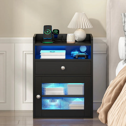 Black Bedside Table with Acrylic Door, Charging Station and RGB LED Light In Australia - Darrahopens