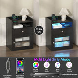 Black Bedside Table with Acrylic Door, Charging Station and RGB LED Light In Australia - Darrahopens