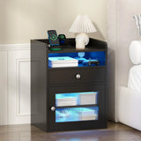 Black Bedside Table with Acrylic Door, Charging Station and RGB LED Light In Australia - Darrahopens