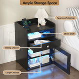 Black Bedside Table with Acrylic Door, Charging Station and RGB LED Light