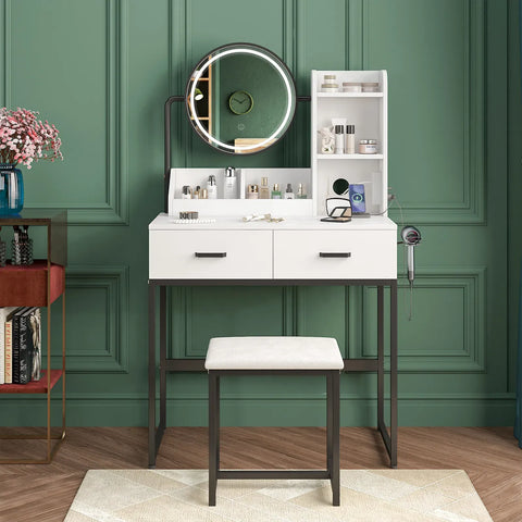 White Black Dressing Table Stool Set with LED Lights and Charging Station, 80x136cm In Australia - Darrahopens