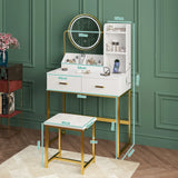 Dressing Table Stool Set in White & Gold with LED Lights and Charging Station