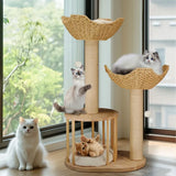 Large Cat Scratching Post Tree Tower with Baskets and Cubby Cave in Natural Wood & White, 60x40x99cm In Australia - Darrahopens