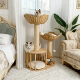 Large Cat Scratching Post Tree Tower with Baskets and Cubby Cave in Natural Wood & White, 60x40x99cm In Australia - Darrahopens