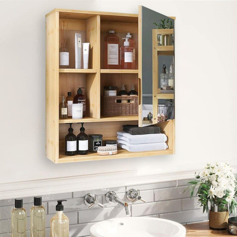 Bamboo Wall Medicine Cabinet Mirror 55.5cm 5 Shelf - Premium AU Stock