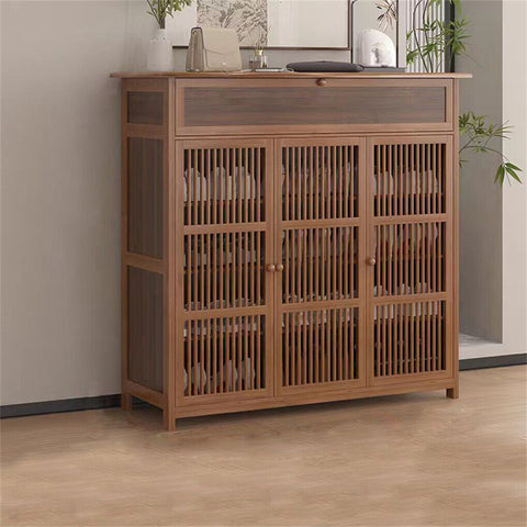Wooden Shoe Rack XL 4 Tier 3 Doors Drawers Shelves Cabinet Organizer