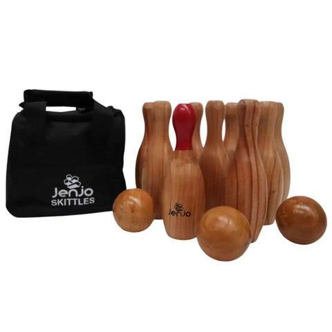 Natural Wooden Skittles Game Set with Carry Bag - 9 Hardwood Skittles (22cm) and 3 Wooden Balls (7cm) In Australia - Darrahopens