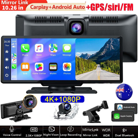 4K 10.26" Touch Dash Camera Cam Dual Car Recorder for CarPlay Android Auto