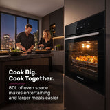 EUROCHEF 60cm 10 Function Built-In Electric Wall Oven, 80L Air Fryer Water Clean Fan Forced Pizza Grill Defrost 250C Black Triple-Glazed