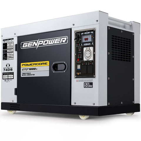GENPOWER 7kW Peak 5kW Rated Commercial Diesel Generator, Three Phase 415V, Electric Start, Sound-Insulated, RCD Safety Switch, Worksite & Backup Power
