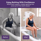 EQUIPMED Motorised Bath Lift Chair, Electric Battery Operated Reclining Seat, Bathing Aid for Elderly & Disabled, 136kg Capacity White