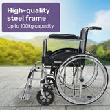 Equipmed Folding Manual Wheelchair Self Propelled, 24" Rear Wheels, Chrome Steel Frame, 46cm Wide Seat, 100kg Capacity, Park Brakes