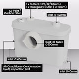 PROTEGE Macerator Pump, with 4 Inlet, for P-Trap Toilet, House, Bathroom, Shower, Sink, Washing Machine