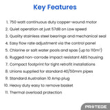 PROTEGE Variable Speed Pump, 1.0HP, 3 Speeds, Quiet, Economical, for Swimming Pool and Spa