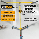 UNIMAC Drywall & Panel Lifter, 1200 x 3600 68kg Max Gyprock Sheet, Galvanised, No-mark Locking Castors