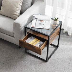 VASAGLE Side Table Tempered Glass End Table with Drawer and Shelf Rustic Brown and Black