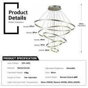 BAMDECOR A18813/5 Modern LED ChandelierRings Round Ceiling Lighting Fixture 3 Color Temperatures Contemporary Chandeliers (5 Rings-Silver)