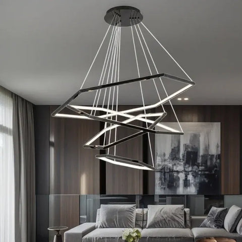 BAMDECOR AD2582/4 Modern LED Chandelier, Hexagonal Rings Ceiling Lighting Contemporary Chandeliers (4 Rings-Black)