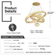 BAMDECOR C3335 Large Swirl Modern Crystal Ring Chandeliers Contemporary Round Chandelier Crystal Pendant Light(Gold-Two Rings)