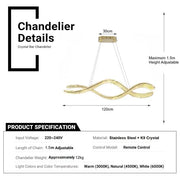 BAMDECOR 1.2m C3601W Wave Crystal Pendant Chandelier Decorative Lighting Lampshade (Brass Gold)