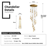 BAMDECOR LT12 18-Heads Solid Crystal Rain drop Chandelier High Ceiling Foyers Entrance Chandeliers Staircase Long Pendant Light (Gold)