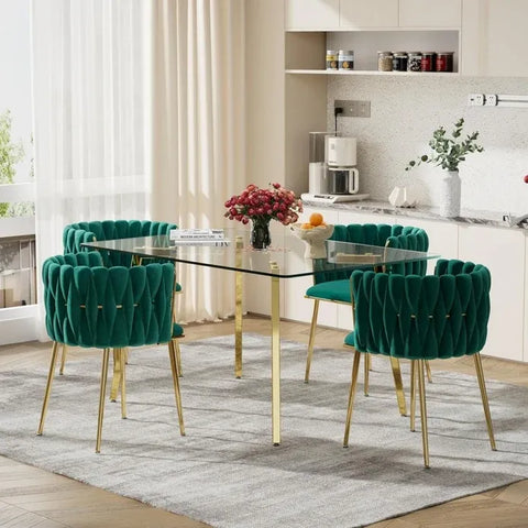 SERENITà Emerald Green Modern Hand Weaving Dining Chairs,Velvet Upholstered Side Chairs with Gold Legs, Chic Vanity Chairs with Armrest, Accent Chair for Dining Room, and Cafe Set of 2