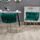 SERENITà Emerald Green Modern Hand Weaving Dining Chairs,Velvet Upholstered Side Chairs with Gold Legs, Chic Vanity Chairs with Armrest, Accent Chair for Dining Room, and Cafe Set of 2