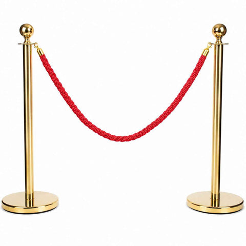 Gold Queue Barrier Stanchion Set of 2 with Red Velvet Rope Crowd Control Bollards
