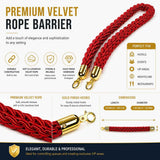 Gold Queue Barrier Stanchion Set of 2 with Red Velvet Rope Crowd Control Bollards