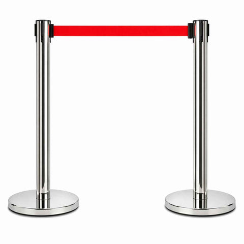 2 Pack Queue Barrier Stanchion Posts Retractable Belt Crowd Control Safety Barrier Silver Red