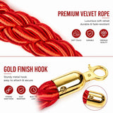 Premium Velvet Rope Barrier Queue Rope with Gold Hooks Red 150cm VIP Crowd Control Rope